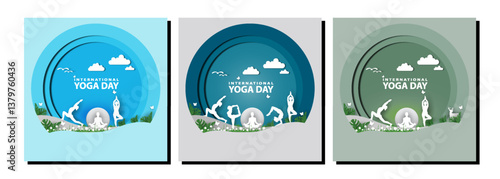 21 june-international yoga day,paper cut yoga body posture, human and sun rays, vector illustration - Vector set	