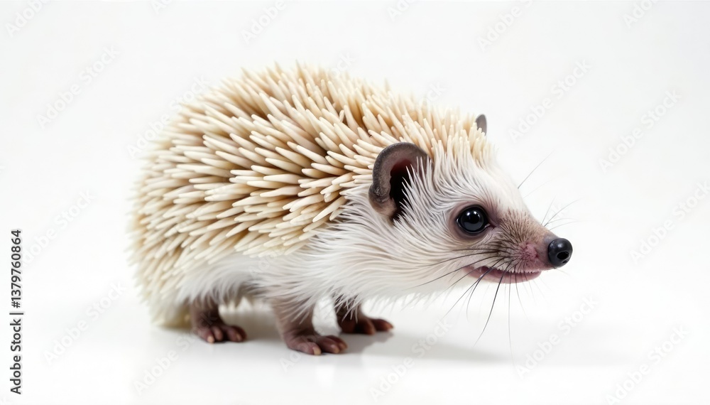 Obraz premium A single hedgehog, facing right, against a bright white backdrop, prickles, fauna, photography