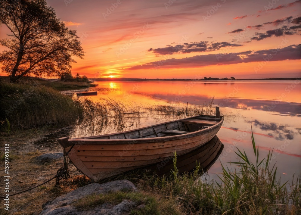 Obraz premium Peaceful shore bathed in golden sunset light; a long-exposure captures a tranquil sea and solitary boat.