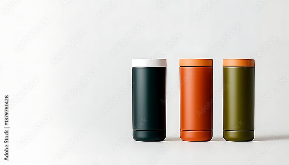 Three stylish insulated tumblers in orange, green, and black colors arranged on a white background, perfect for drinkware photography. Three stylish insulated tumblers in orange, green, and black colors arranged on a white background, perfect for drinkware photography.