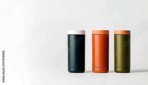 Three stylish insulated tumblers in orange, green, and black colors arranged on a white background, perfect for drinkware photography. 