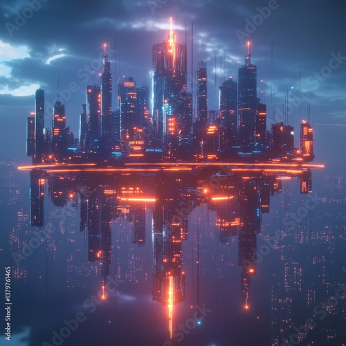 Wallpaper Mural Cyberpunk Metropolis Reflection: A futuristic cityscape shrouded in mist, mirrored below, with vibrant neon lights piercing the darkness. Torontodigital.ca