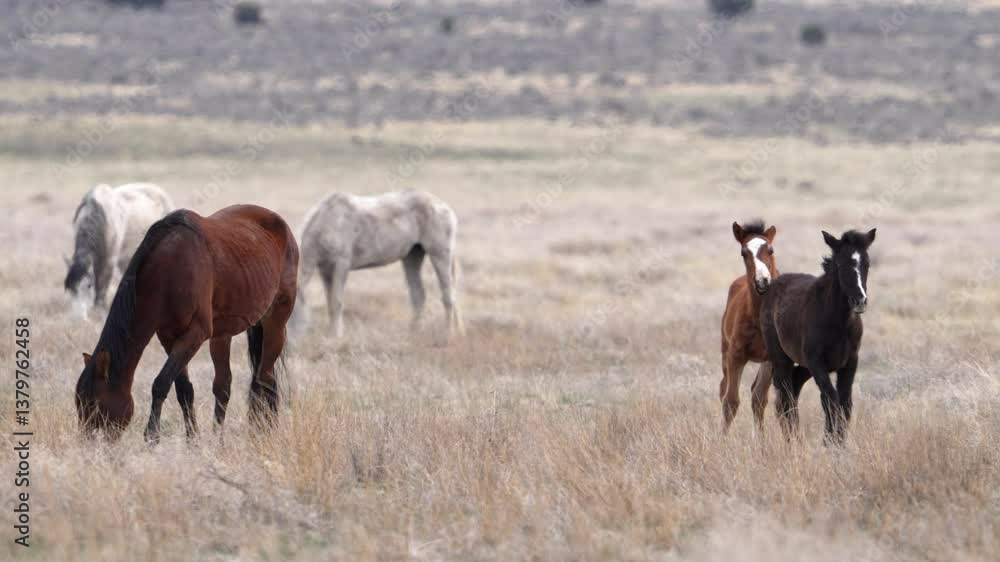 Wild horse ponies from the Onaqui Mountain herd playing in the Utah desert Wild horse ponies from the Onaqui Mountain herd playing in the Utah desert
