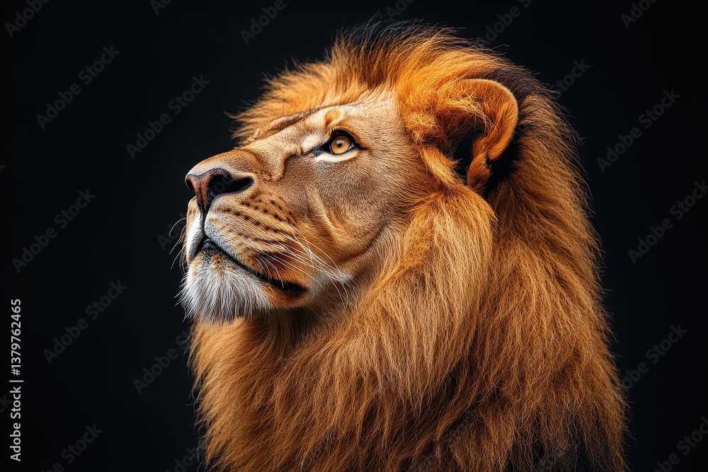 Fototapeta premium Majestic lion in profile view showcasing its powerful features and striking mane against a dark background