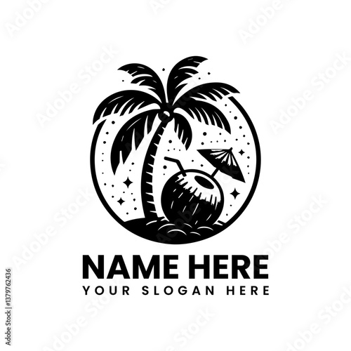 Stylized coconut drink vector logo graphic. Tropical beverage design