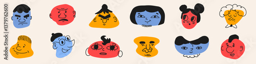 Set of cartoon illustrations depicting faces with different emotions, colorful characters.