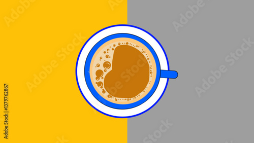 Coffee cup with saucer and shadow. Top view. Hot coffee drink mug - espresso, americano. Coffee with foam. Breakfast concept. Beverage menu for restaurant or cafe. Vector illustration