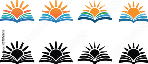Set of Education Logos – Open Book with Rising Sun for Learning and Inspiration vector