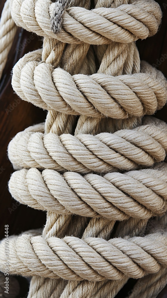 Nautical Ropes Texture, Tan Thick Twisted Cord Stacked, Tied on Wooden Surface Nautical Ropes Texture, Tan Thick Twisted Cord Stacked, Tied on Wooden Surface