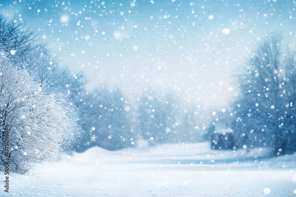 A snowy winter scene with soft blue hues and falling snowflakes A snowy winter scene with soft blue hues and falling snowflakes