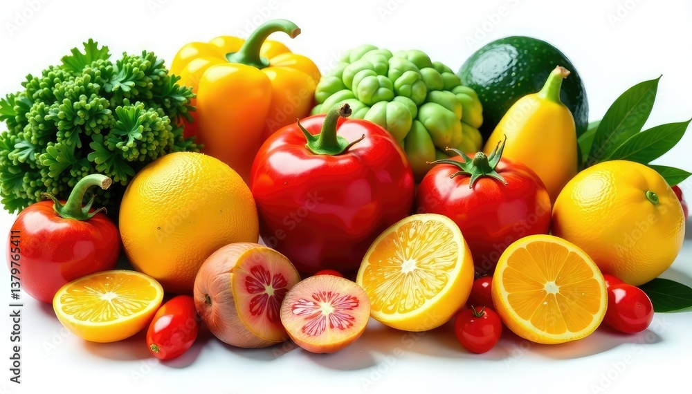 Assortment of organic fruits and vegetables on white backdrop, farm, lifestyle, background Assortment of organic fruits and vegetables on white backdrop, farm, lifestyle, background