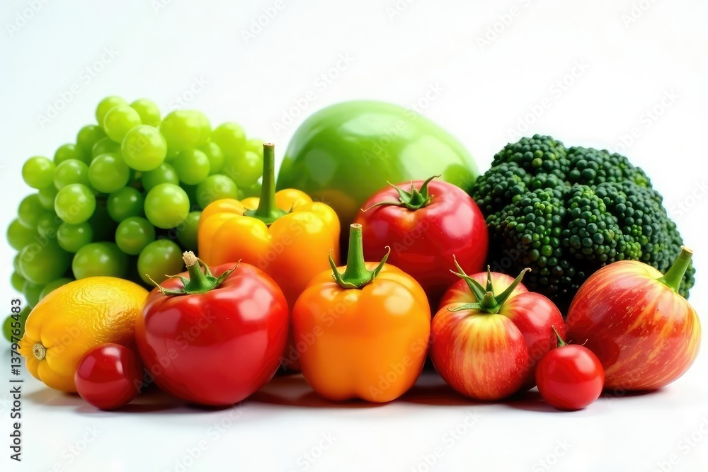 Assortment of organic fruits and vegetables on white, sustainable, healthy, food Assortment of organic fruits and vegetables on white, sustainable, healthy, food