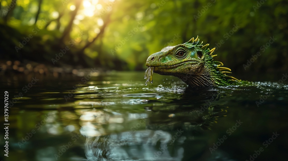 Obraz premium Swimming green lizard in serene forest stream nature photography close-up environment fresh perspective