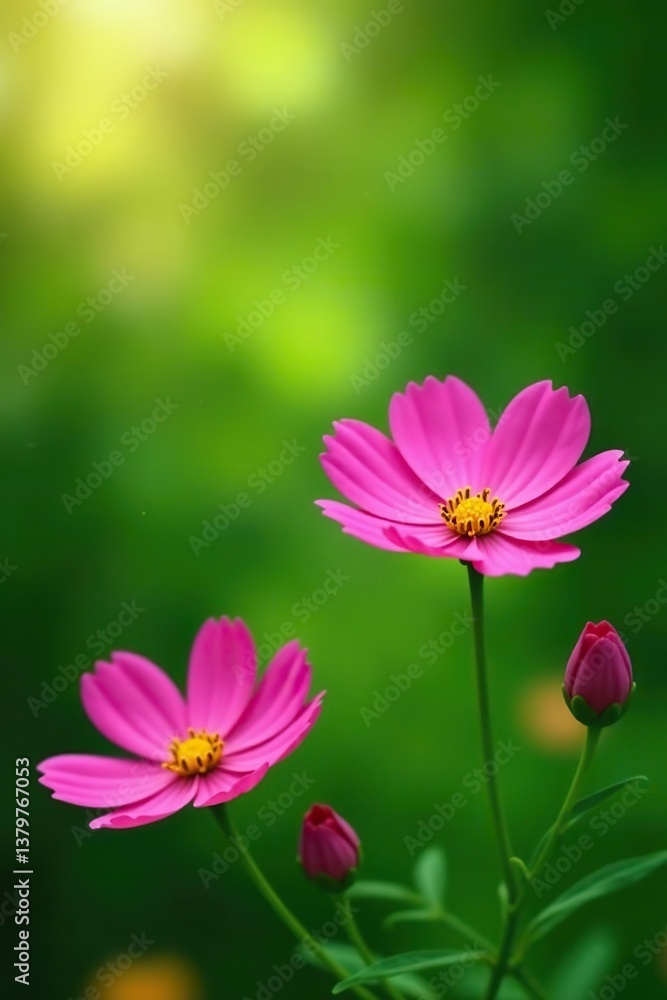 Fototapeta premium Background of lush green garden with bright pink Cosmos flowers blossoming in full bloom, vibrant, nature