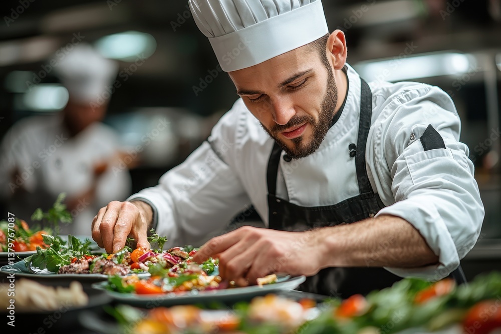 Culinary artist plating fresh salad in a bustling kitchen during a busy lunch service Culinary artist plating fresh salad in a bustling kitchen during a busy lunch service