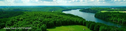 Aerial view of picturesque Minnesota counties displaying lush green forests, rolling hills, and serene lakes,  landscapes,  peaceful