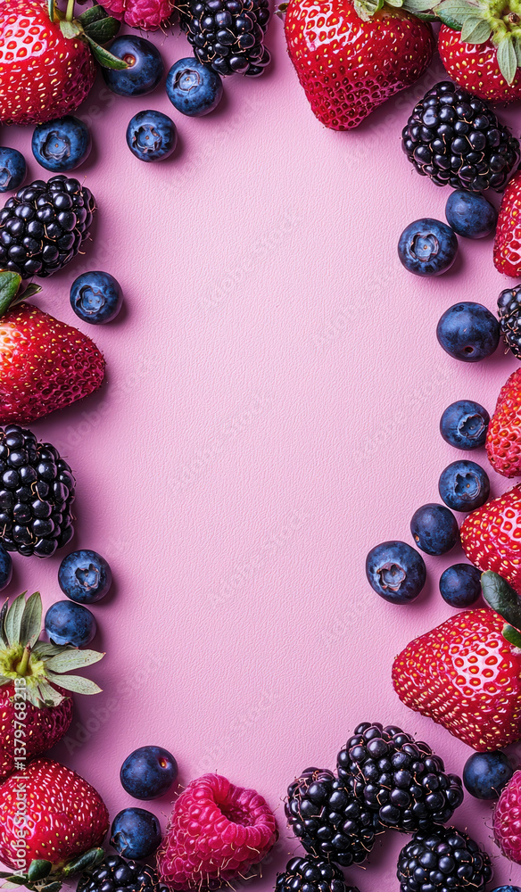 Fresh strawberries, blueberries, blackberries, and raspberries create vibrant frame on pastel pink background, evoking sense of summer joy and deliciousness Fresh strawberries, blueberries, blackberries, and raspberries create vibrant frame on pastel pink background, evoking sense of summer joy and deliciousness