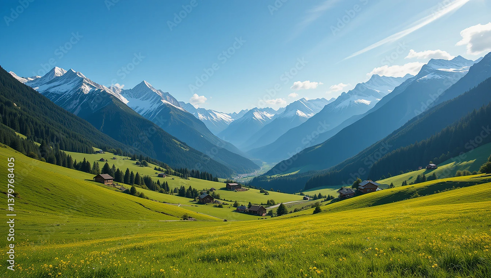 Fototapeta premium Alpine Valley with Snow-Capped Mountains