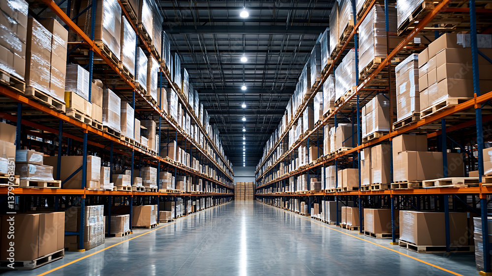 Warehouse Interior with High Shelves Stocked with Cardboard Boxes, Logistics and Distribution Center, Long Aisle Perspective Warehouse Interior with High Shelves Stocked with Cardboard Boxes, Logistics and Distribution Center, Long Aisle Perspective