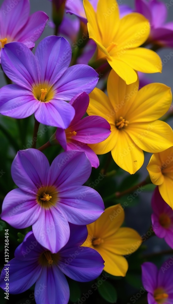 Beautiful arrangement of vibrant violet and yellow flowers in full bloom, summer, yellow Beautiful arrangement of vibrant violet and yellow flowers in full bloom, summer, yellow
