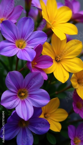 Beautiful arrangement of vibrant violet and yellow flowers in full bloom,  summer,  yellow