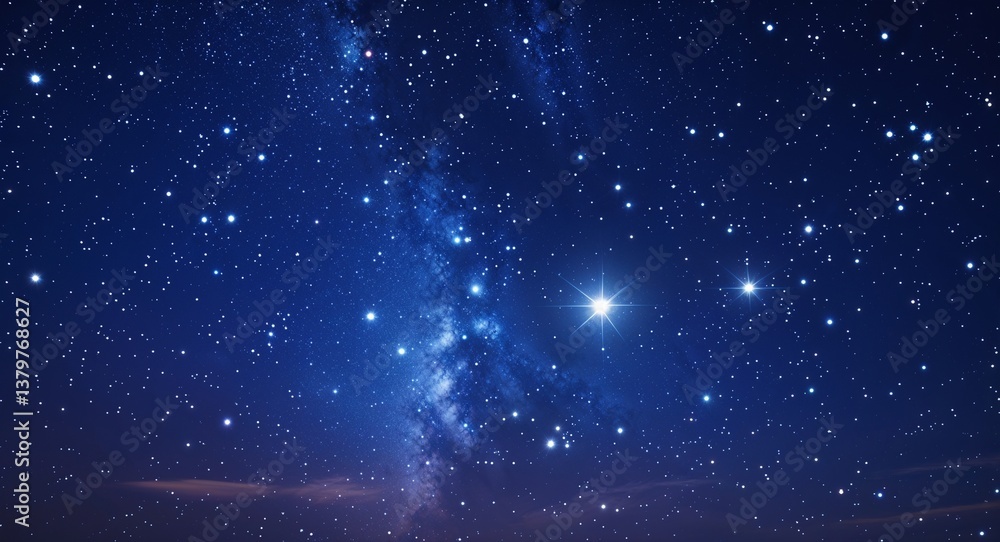 Fototapeta premium Deep indigo sky filled with bright white stars and small glowing meteorites