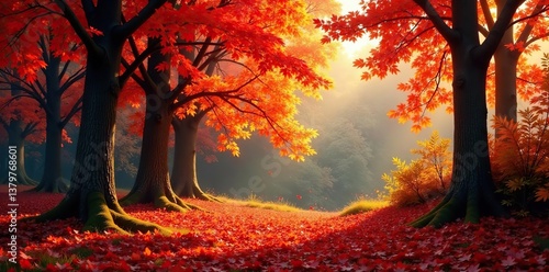 Beautiful autumn woods landscape with vibrant red, yellow, and orange leaves,  serene,  landscape