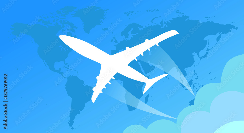 Naklejka premium White passenger plane flies against the background of the world map, blue background. Copy space.