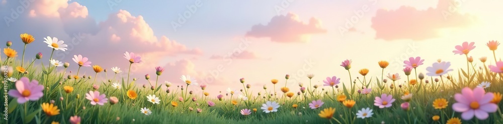 A serene 3D illustration of a meadow with pastel pink, lilac, white, and yellow wild flowers under a soft summer evening sky, summer, pastel A serene 3D illustration of a meadow with pastel pink, lilac, white, and yellow wild flowers under a soft summer evening sky, summer, pastel