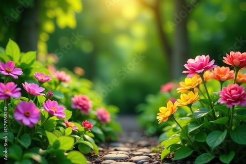 Beautiful close-up shot of colorful flowers and lush green plants in a peaceful garden setting,  colorful,  vibrant