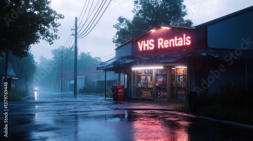Fototapeta Naklejka Na Ścianę i Meble -  Rainy night at a small-town video rental store