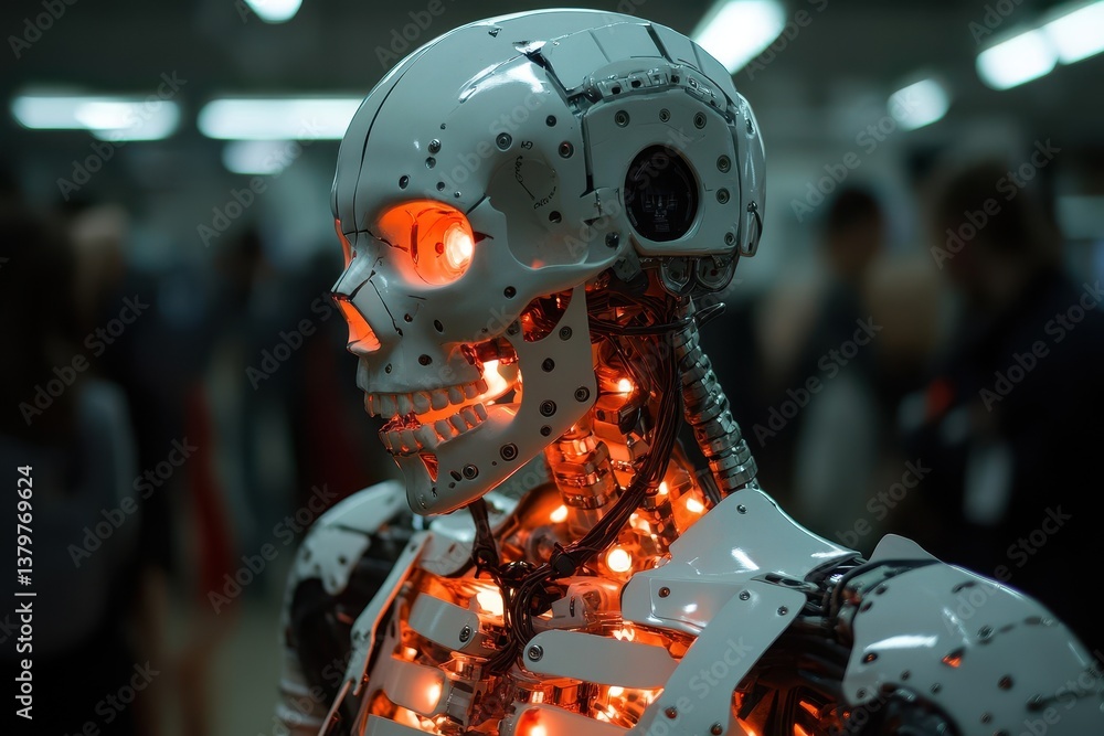 Exhibition of advanced humanoid robot showcasing intricate design and glowing features in a futuristic setting Exhibition of advanced humanoid robot showcasing intricate design and glowing features in a futuristic setting