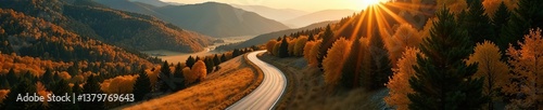 Aerial view of winding road through autumn forest with hills, pine trees, meadows, and golden sunlight,  meadows,  fall