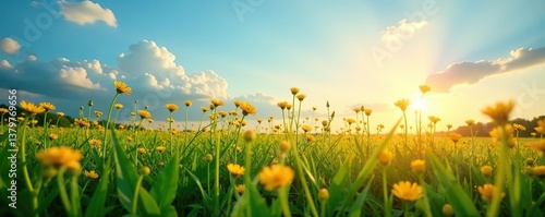 Beautiful summer landscape with tall flowering grass on green meadow, glowing in the light of sunrise or sunset, set against a stunning blue sky, summer,  tall grass