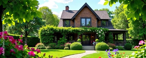 Beautiful house facade surrounded by lush green plants and colorful flowers,  colorful, house