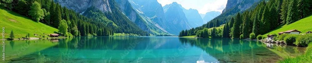 Fototapeta premium Beautiful landscape of Lago d'Antorno in Parco Naturale Tre Cime, Dolomites, Italy with crystal clear water, lush greenery, and towering mountains in the background, landscape, scenic