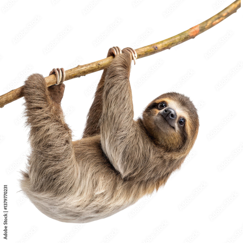 Fototapeta premium Charming Three-Toed Sloth Hanging from Invisible Branch Isolated on White