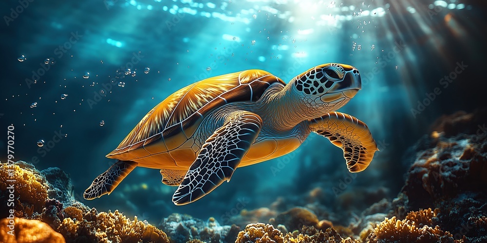 Obraz premium ai generated image of a sea turtle swimming in the sea near the coral reefs
