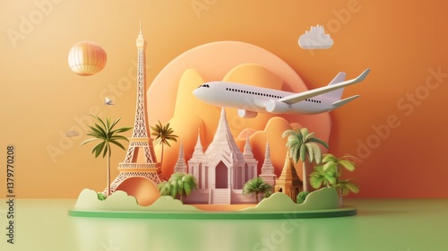 un logo rond 3d naÃ¯f avec un avion survolant une ile avec a droite le temple watpoo de bankok et a gauche la tour eiffel et legerement en dessous du temple une petit ile avec un palmier