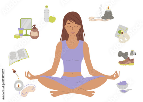 Vector illustration of a woman in a meditative pose surrounded by wellness-related icons like skincare, exercise, aromatherapy, and healthy food, symbolizing a balanced lifestyle.
