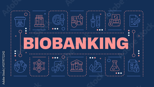 Biobanking dark blue word concept. Important resource in medical research. Specimens storage. Horizontal vector image. Headline text surrounded by editable outline icons. Hubot Sans font used
