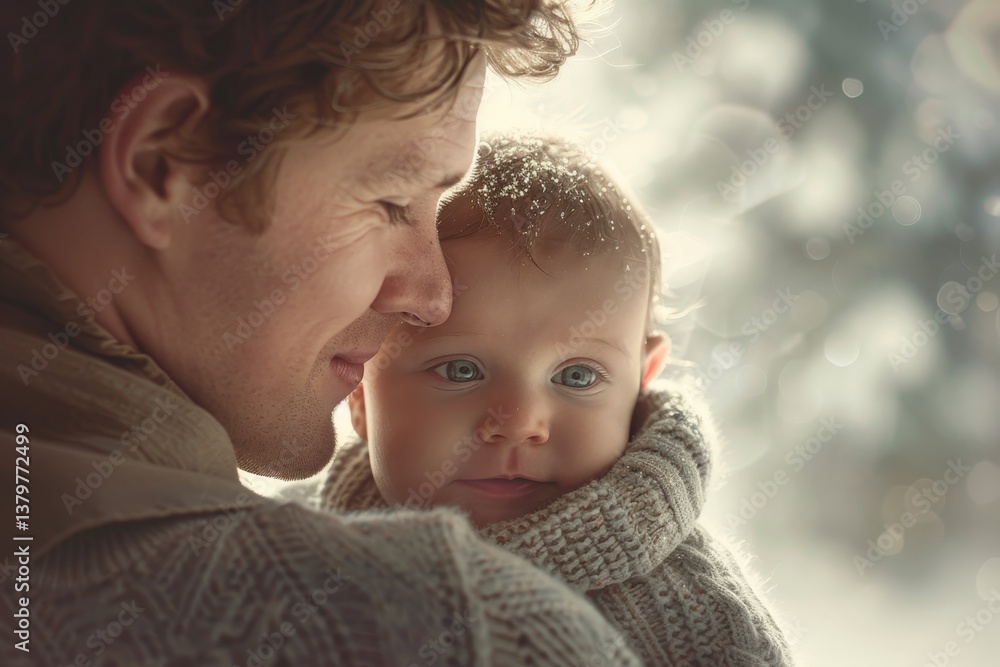 Obraz premium A father lovingly holds his infant son, nestled in his arms, glancing up with trust, The bond between a parent and their baby