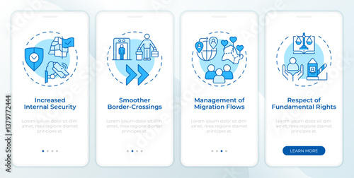 Benefits of border management blue onboarding mobile app screen. IBM. Walkthrough 4 steps editable graphic instructions with linear concepts. UI, UX, GUI. Montserrat SemiBold, Regular fonts used