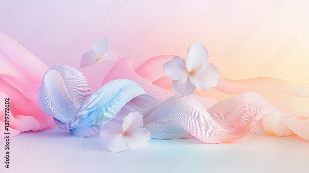 Abstract pastel ribbon and flower composition with soft gradient background Abstract pastel ribbon and flower composition with soft gradient background