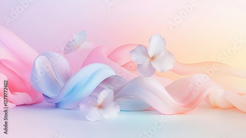 Abstract pastel ribbon and flower composition with soft gradient background