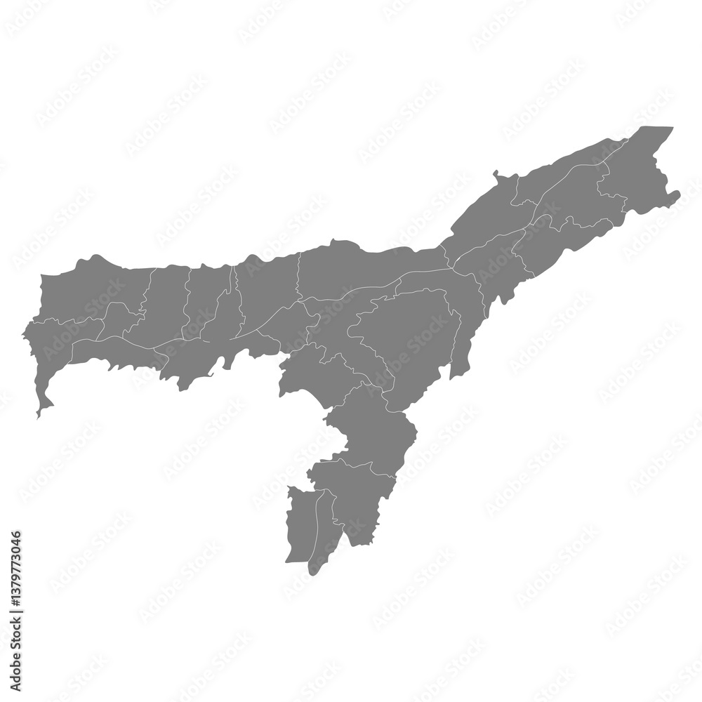 High Quality map of Assam is a state of India, with borders of the districts