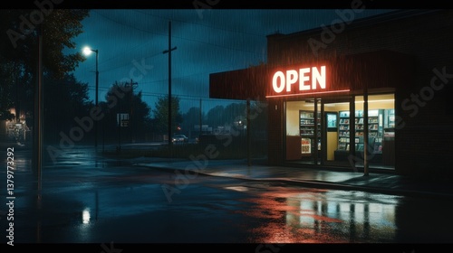 Fototapeta Naklejka Na Ścianę i Meble -  Rainy night at a small-town store