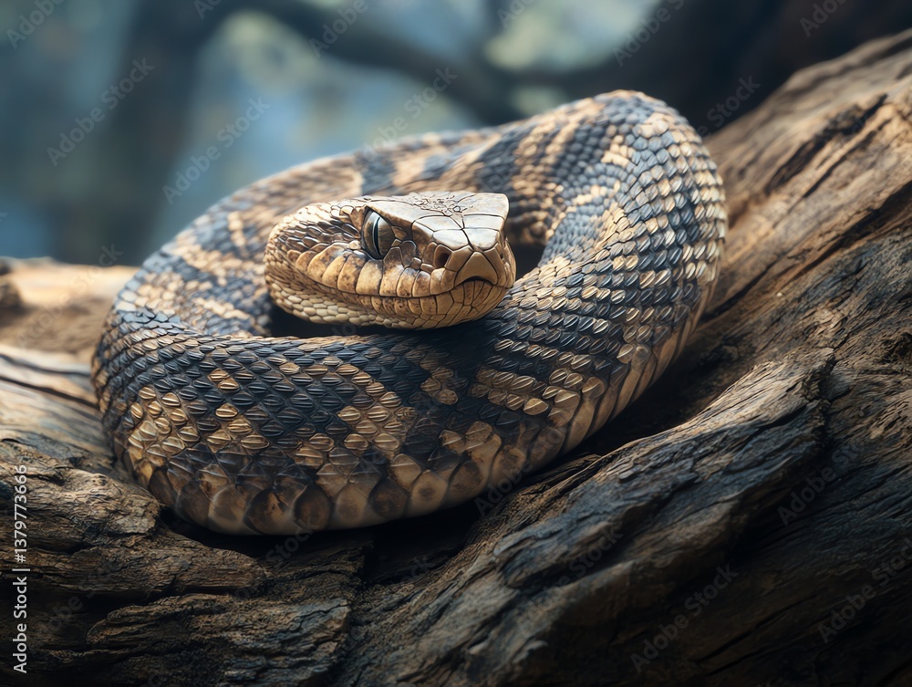 Fototapeta premium Timber Rattlesnake Coiled on Wood Log Close-up View Wildlife Concept