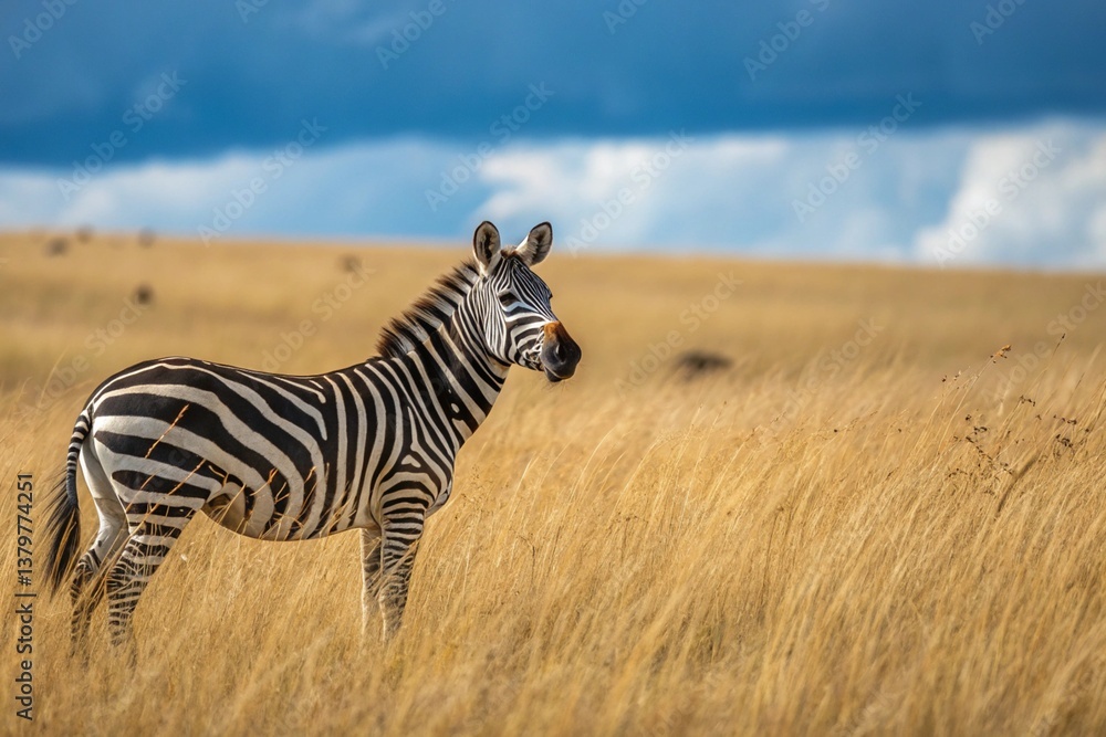 Naklejka premium A zebra stands in yellow grass during a safari