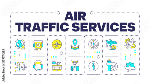 Air traffic services word concept isolated on white. Aircraft tracking, radar technology. Creative illustration banner surrounded by editable line colorful icons. Hubot Sans font used